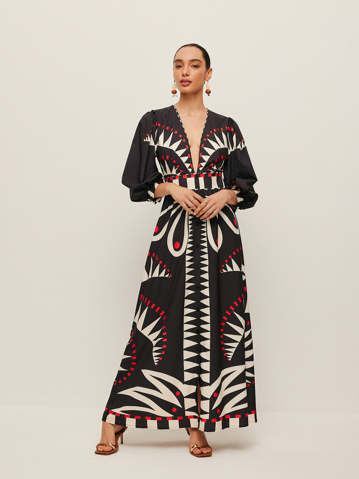 Boho V Yaka Yırtmaçlı Maxi Elbise Siyah Geometrik Desenli