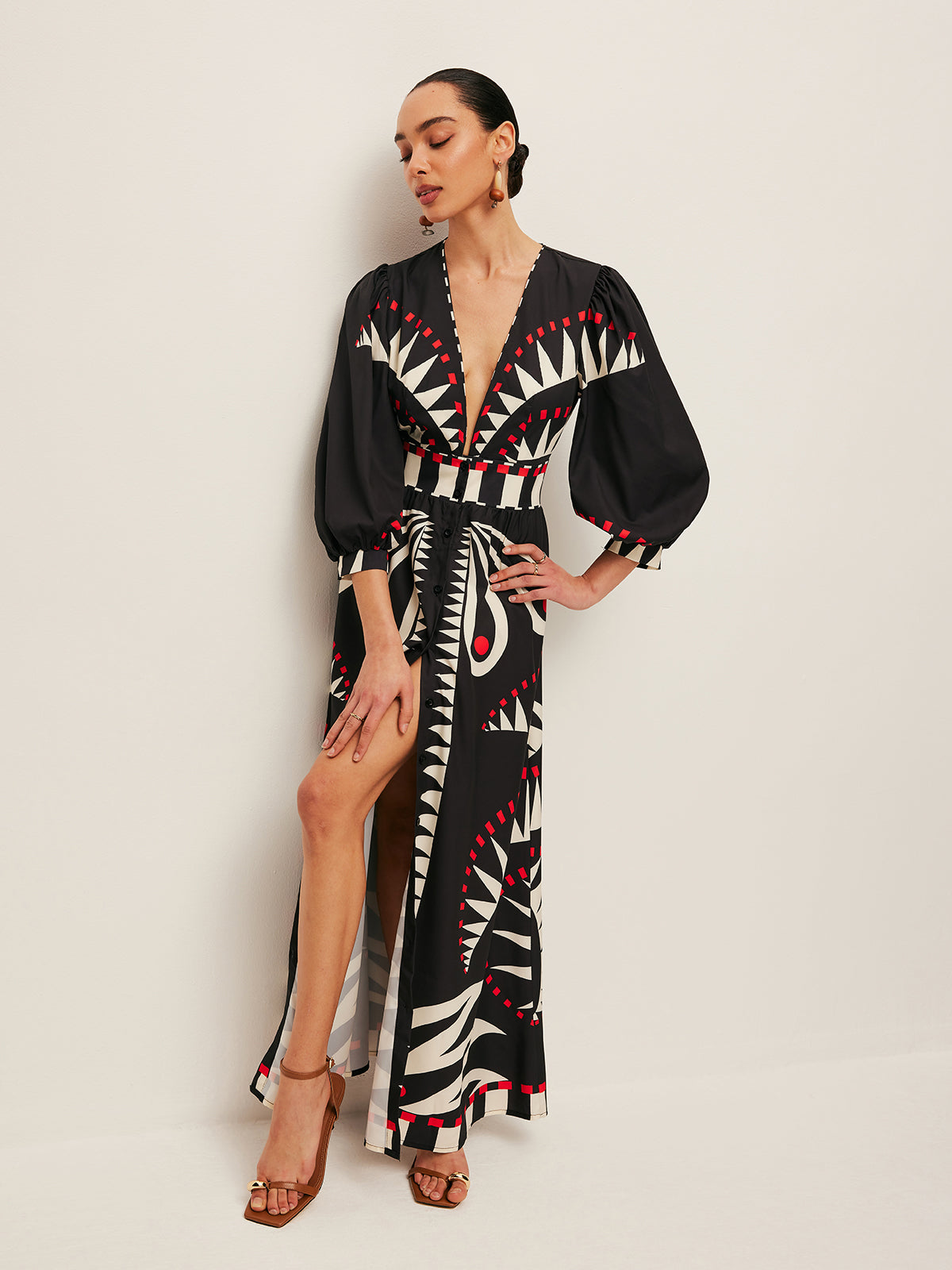 Boho V Yaka Yırtmaçlı Maxi Elbise Siyah Geometrik Desenli