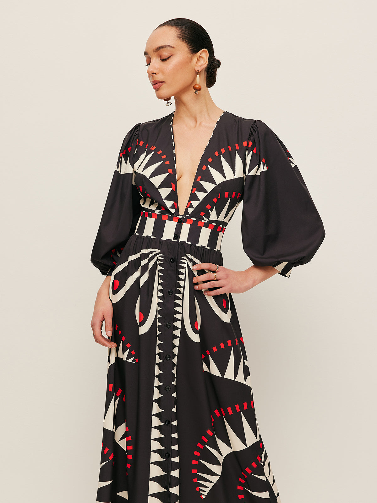 Boho V Yaka Yırtmaçlı Maxi Elbise Siyah Geometrik Desenli
