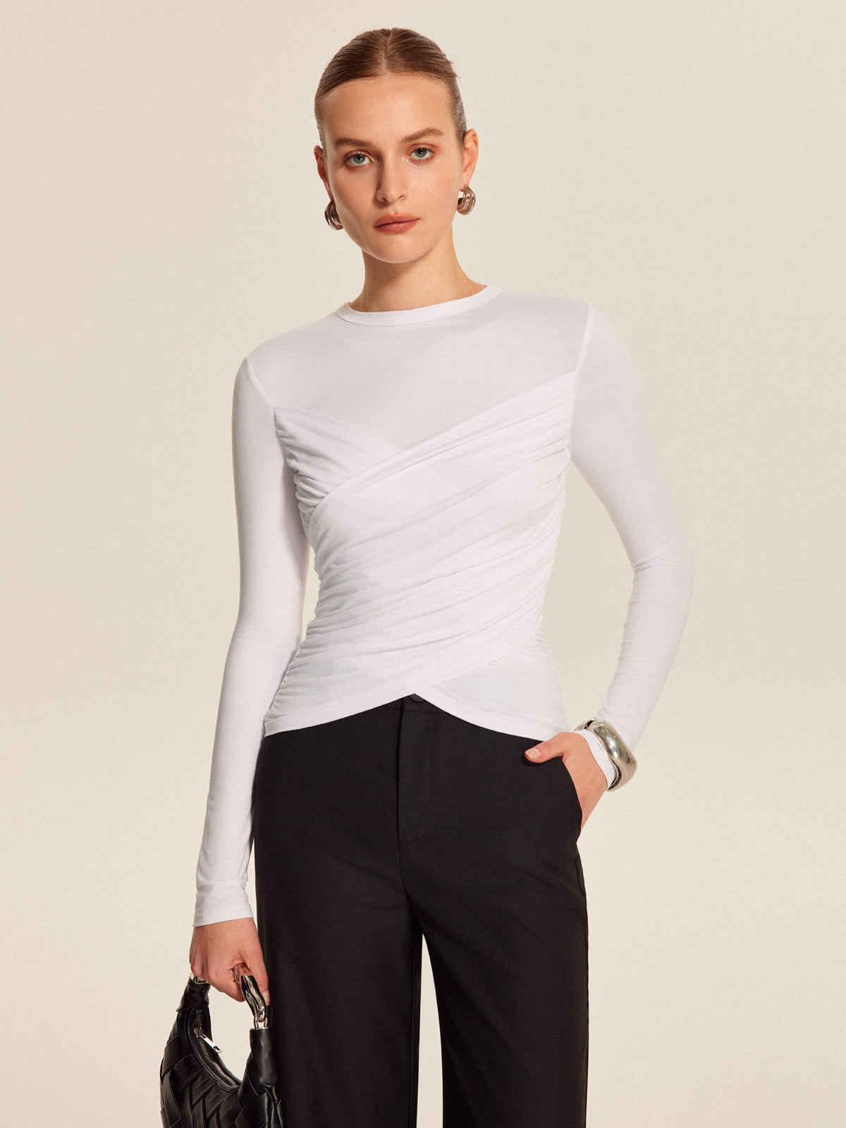 Çapraz Desenli Uzun Kollu Tişört Beyaz Slim Fit