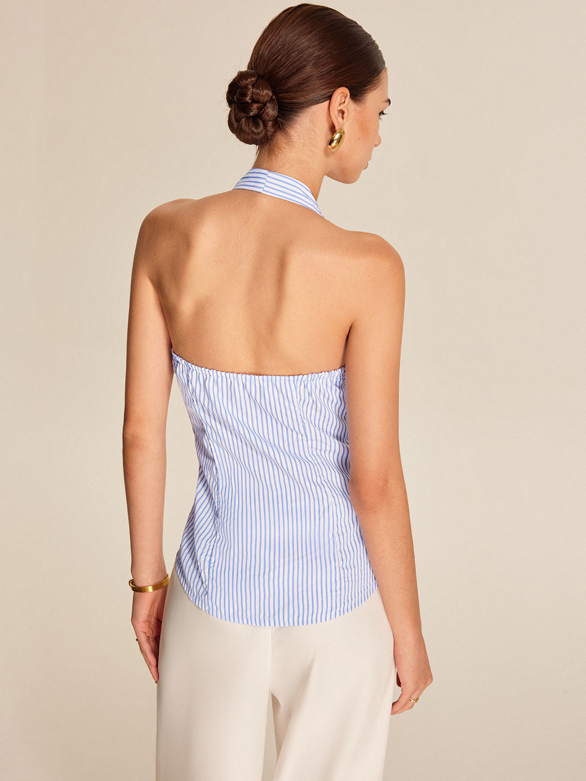 Çizgili Halter Yaka Kravat Bluzu Açık Mavi