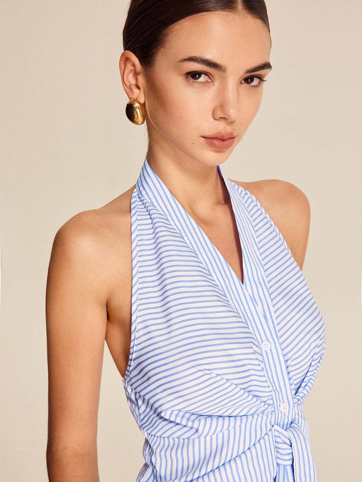 Çizgili Halter Yaka Kravat Bluzu Açık Mavi