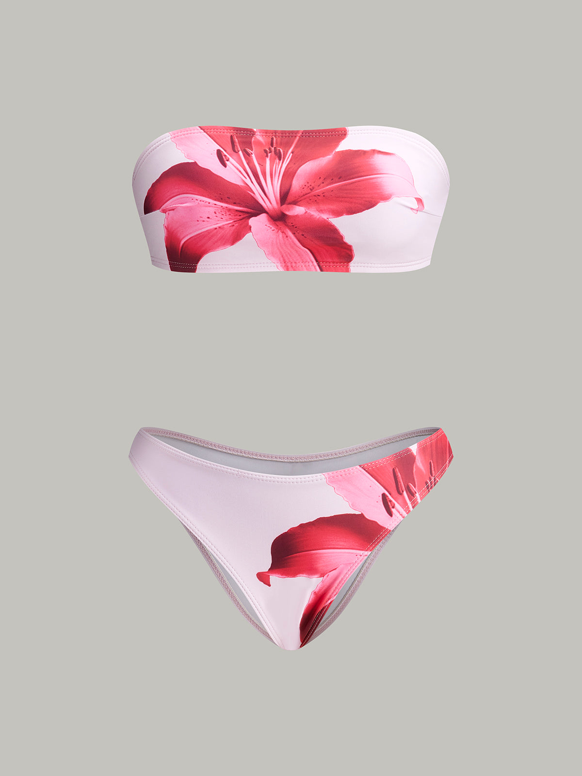 Çiçekli Bandeau Bikini Seti Kapama Eteği Pembe