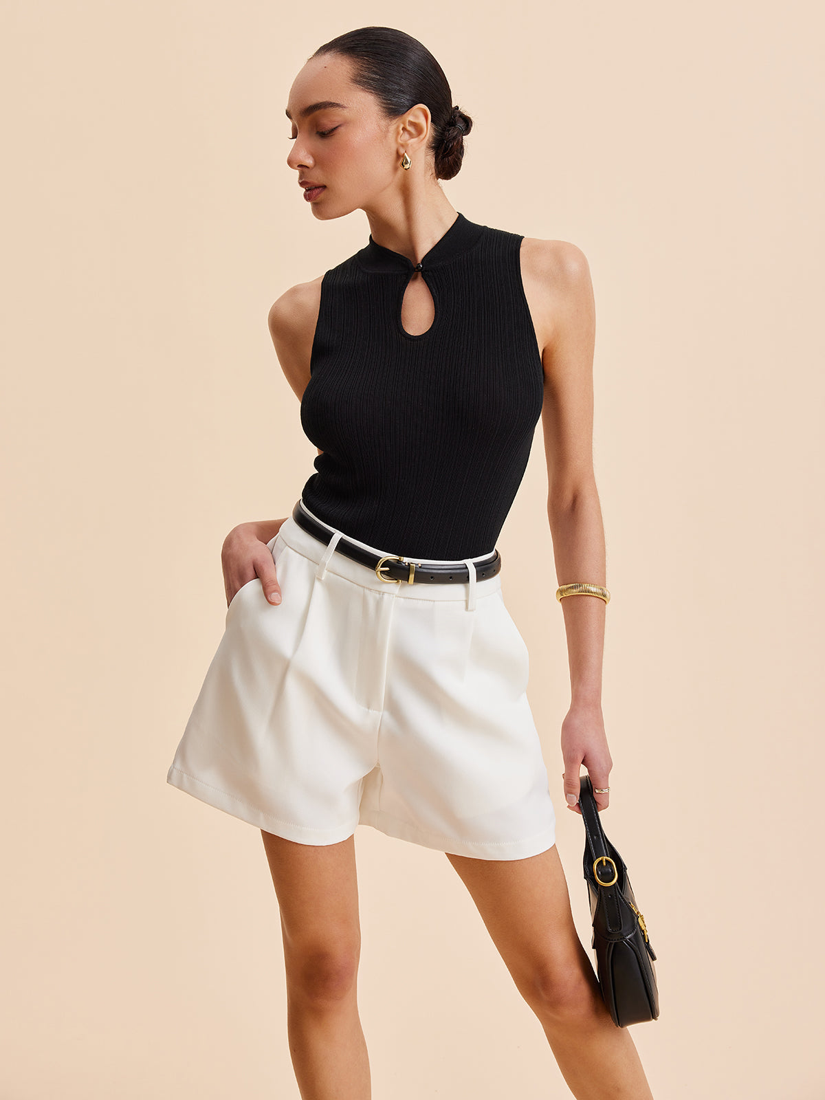 Mock Neck Anahtar Delikli Örgü Yelek Siyah Kolsuz