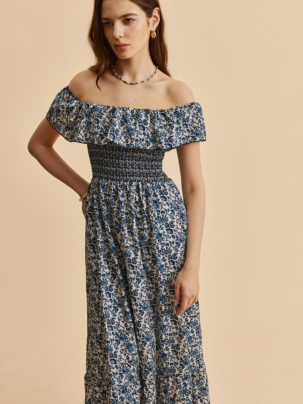 Boho Düşük Omuz Çiçekli Maxi Elbise Mavi Volanlı