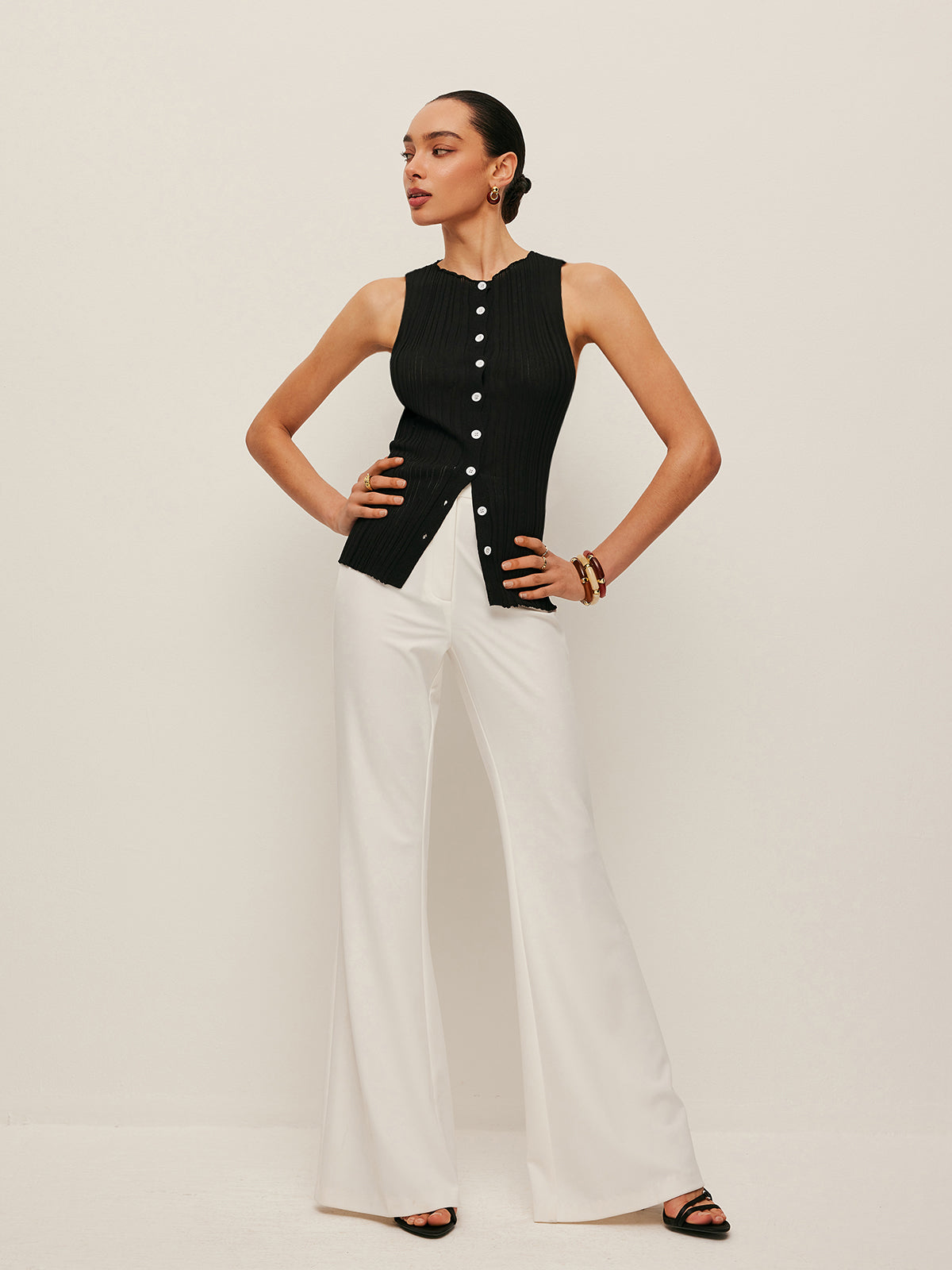 Kolsuz Ribana Düğmeli Triko Bluz Siyah Slim Fit