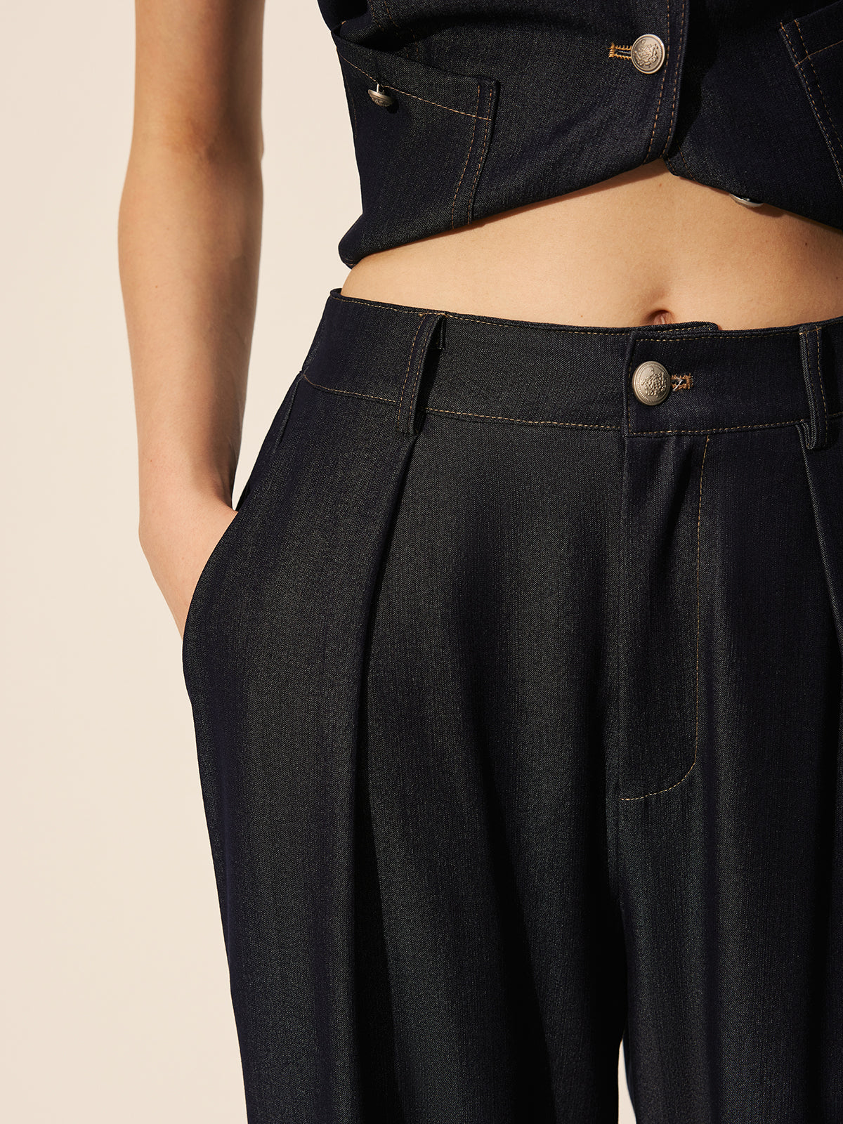 Orta Bel Geniş Paça Denim Pantolon Lacivert Cepli