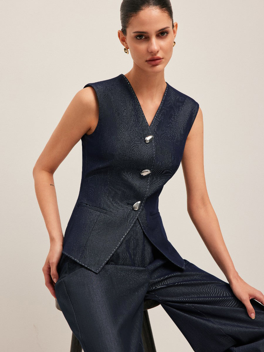 Kontrast Dikişli Düğmeli Peplum Yelek - 2. görünüm