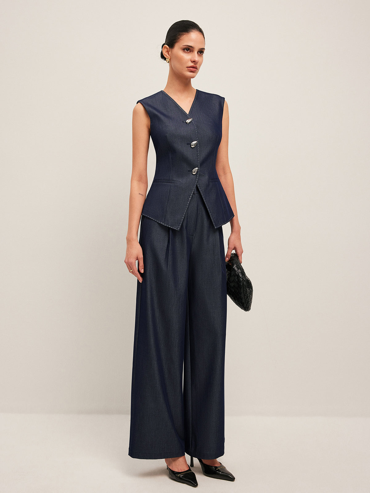 Kontrast Dikişli Düğmeli Peplum Yelek - 3. görünüm