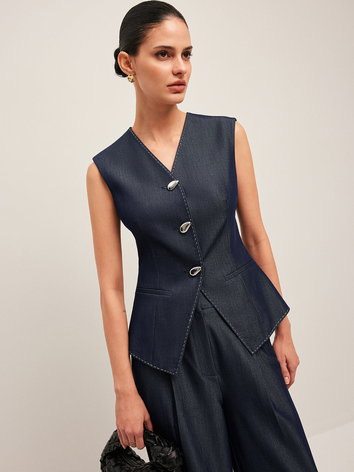 Kontrast Dikişli Düğmeli Peplum Yelek - 5. görünüm