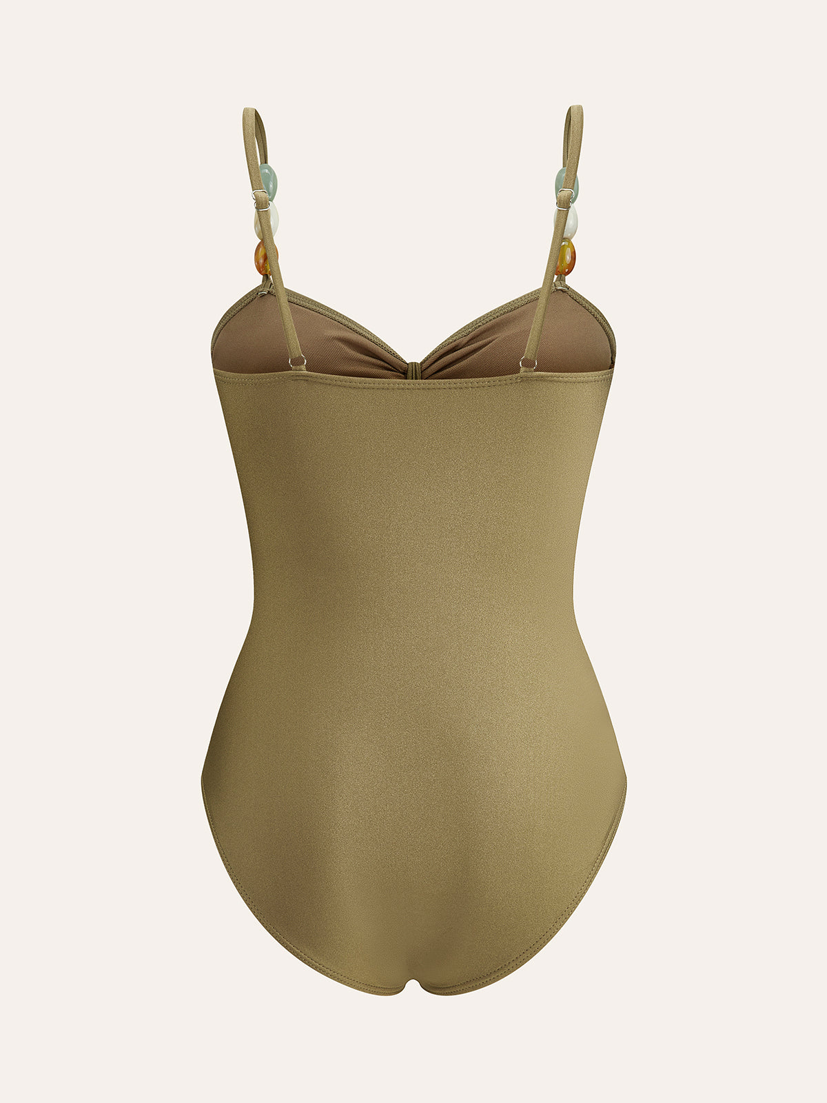 Boncuklu Kesik Tek Parça Mayo Haki Altın Detaylı