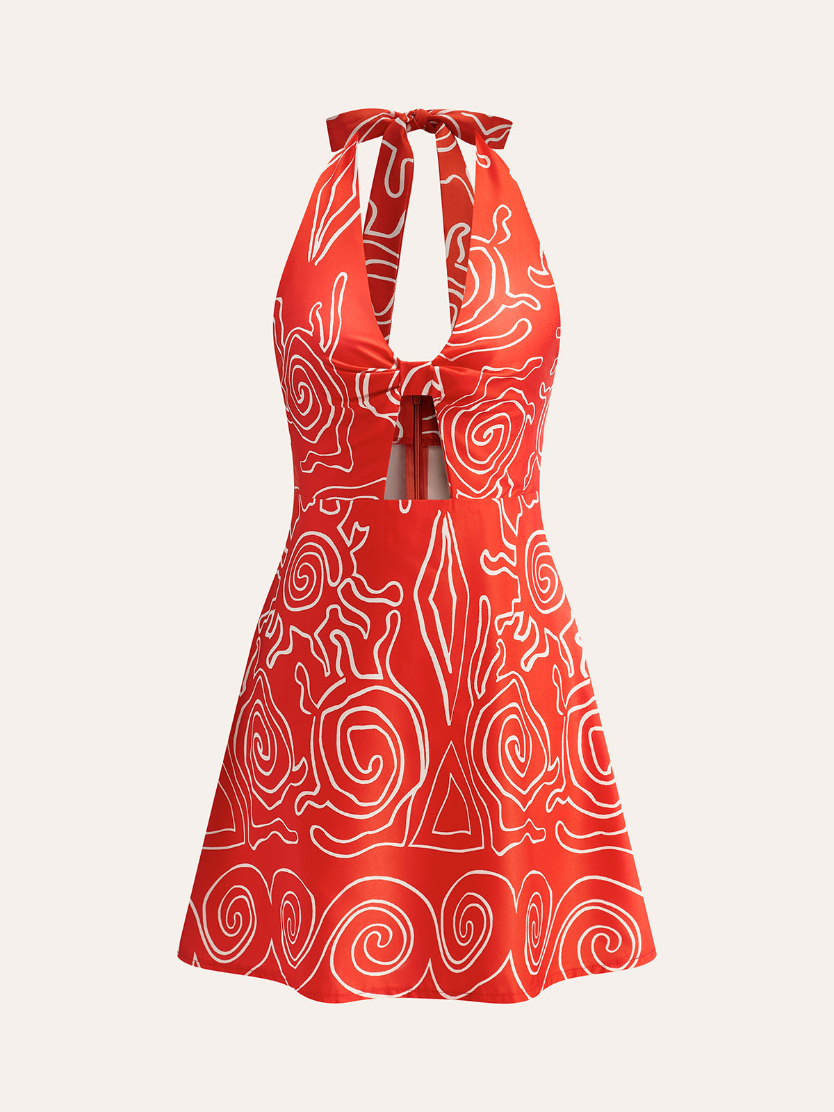 Halter Yaka Sırtı Açık Çiçekli Mini Elbise Kırmızı