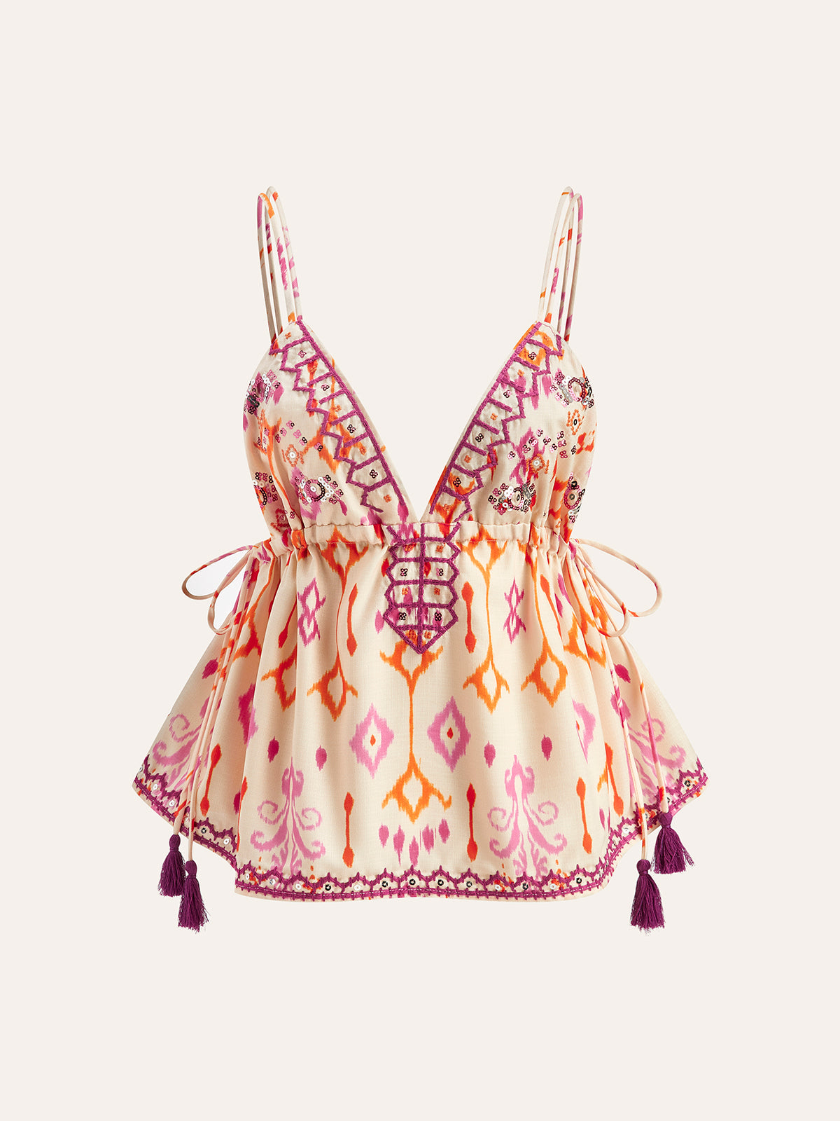Boho Nakışlı Askılı Bluz Püskülü Çok Renkli Sırtı Açık
