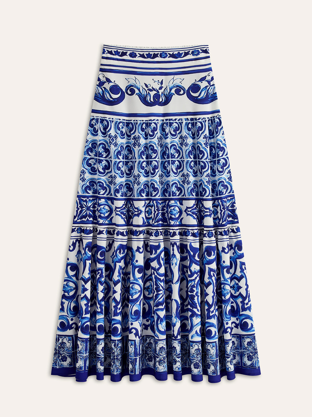 Boho Desenli Saten Maxi Etek Mavi Orta Bel