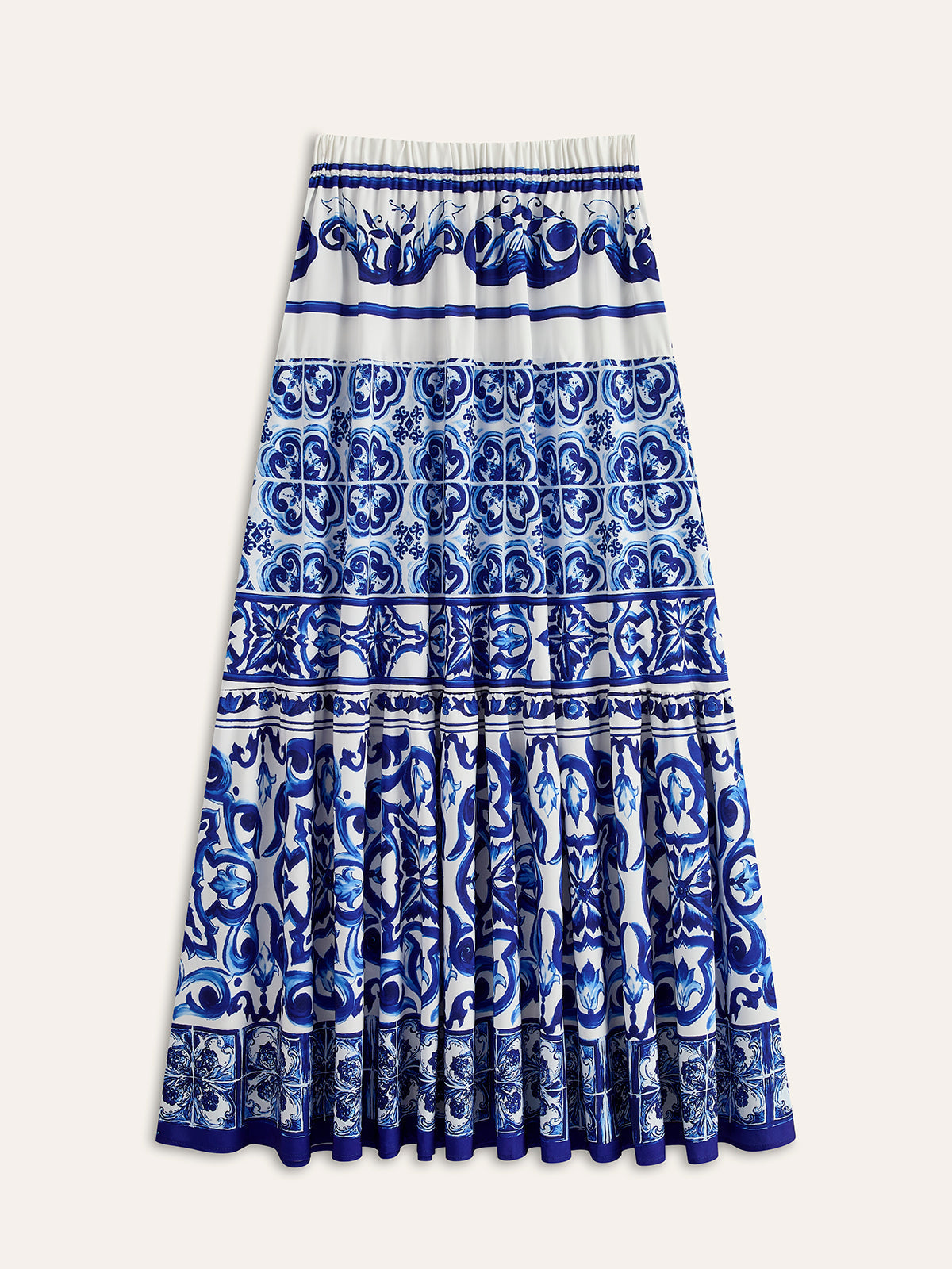 Boho Desenli Saten Maxi Etek Mavi Orta Bel