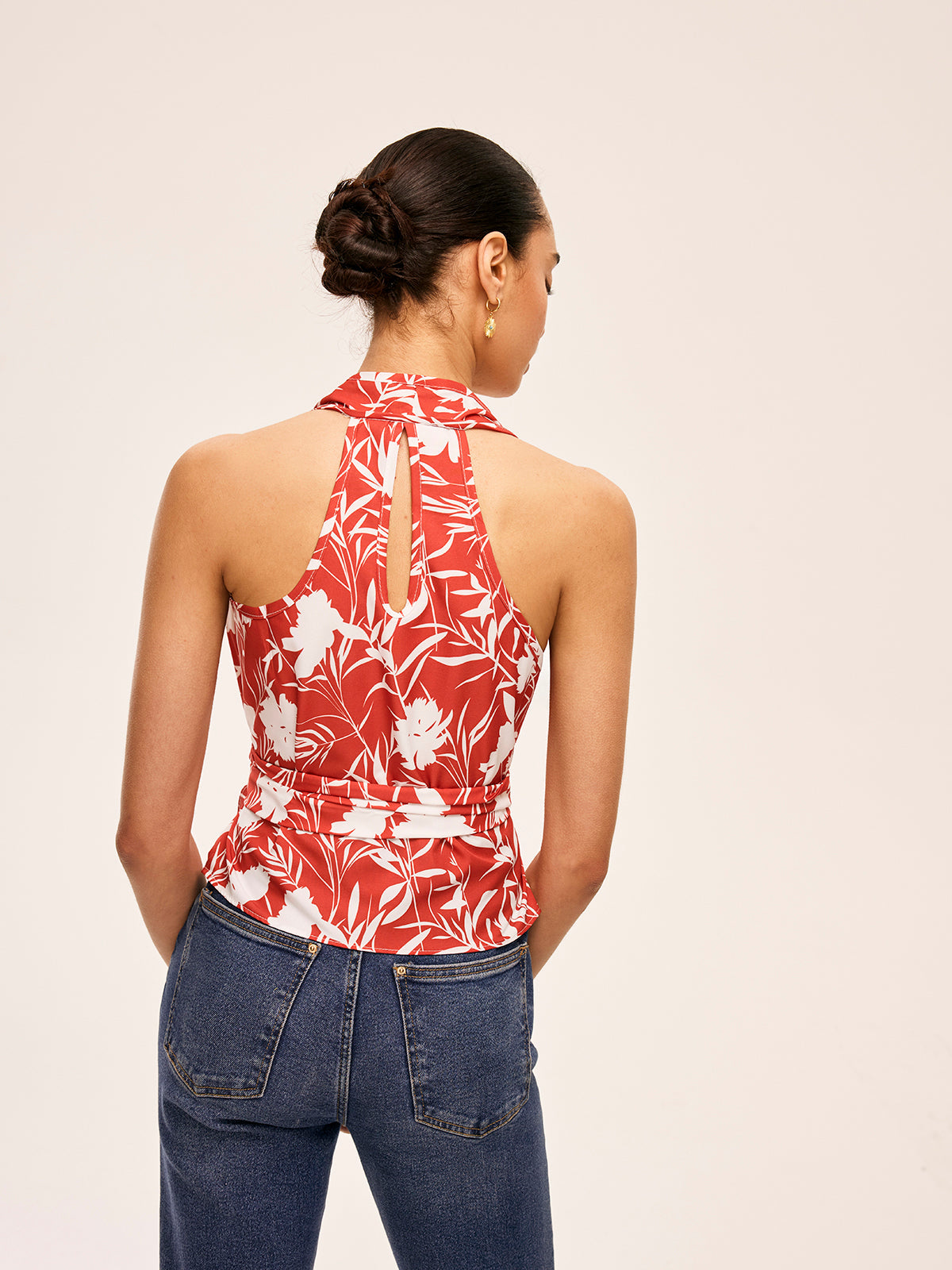 Çiçek Desenli Halter Yaka Bağcıklı Üst Kırmızı
