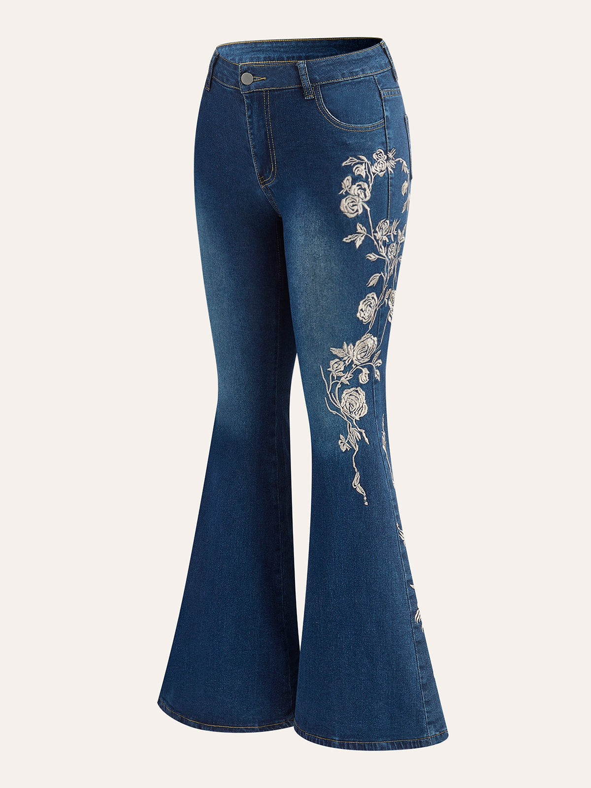 Nakışlı Orta Bel Sıfır Paça Jean Mavi Regular Fit