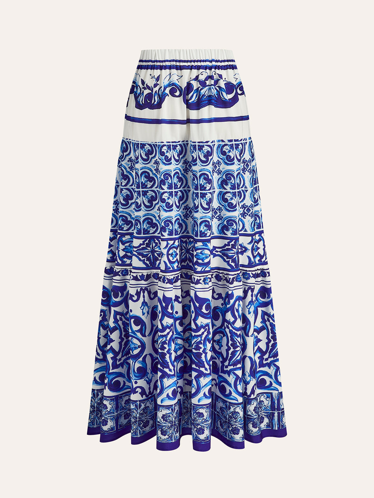 Boho Desenli Saten Maxi Etek Mavi Orta Bel