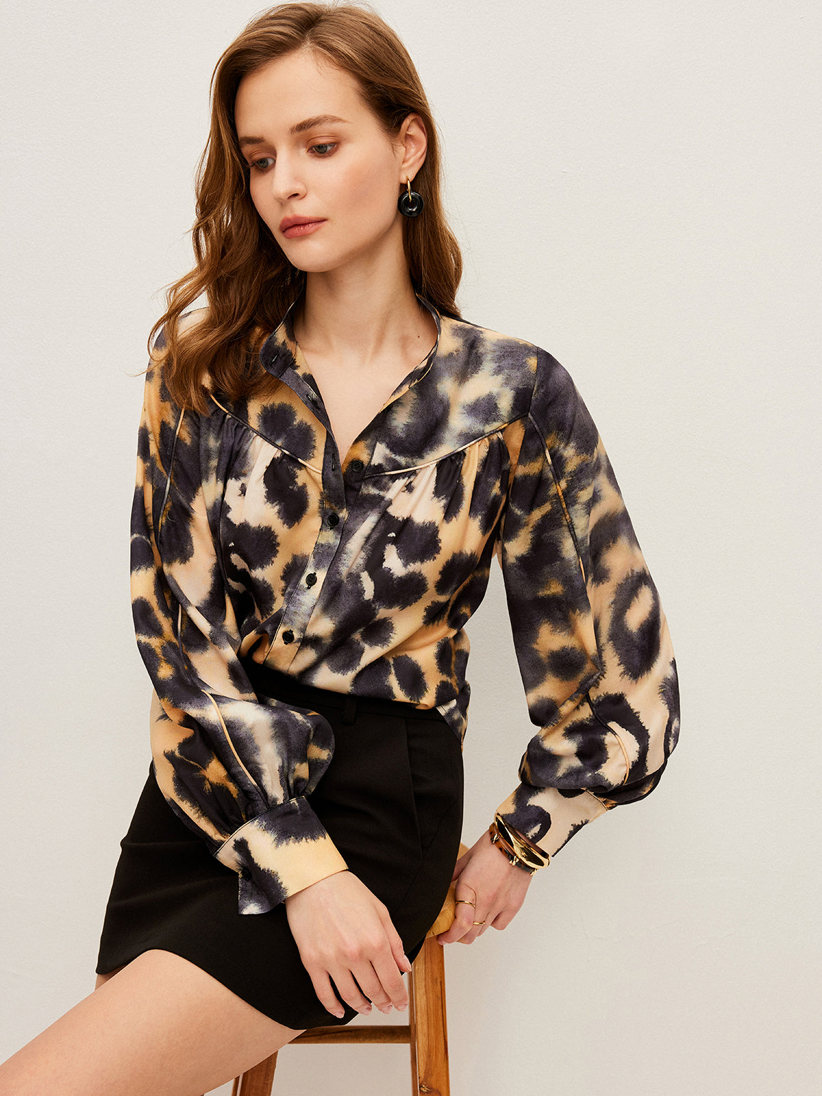 Leopar Desenli Düğmeli Gömlek - 7. görünüm