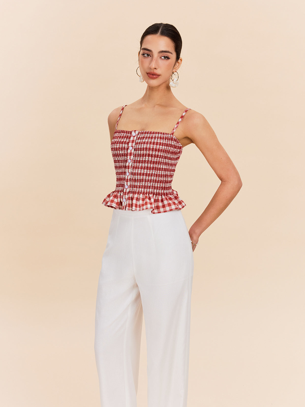 Şık Gingham Büzgülü Peplum Askılı Bluz Kırmızı