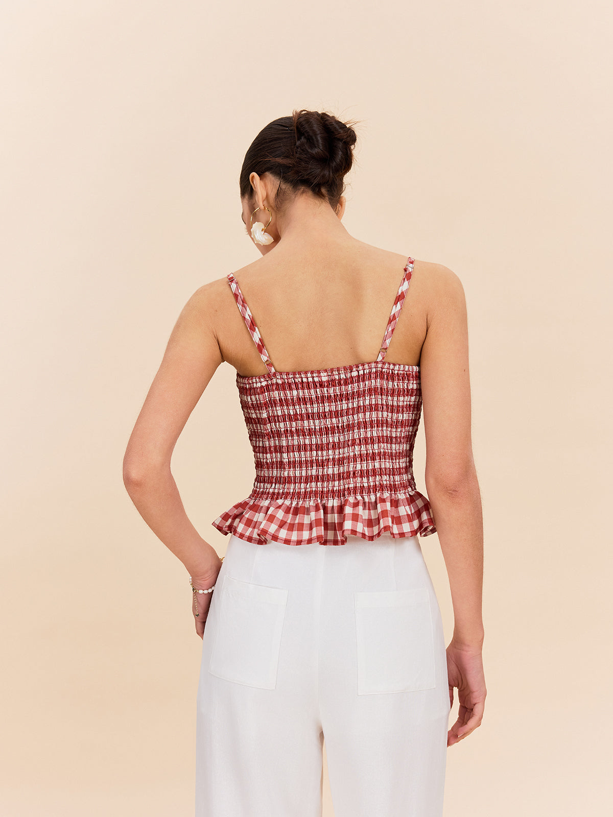 Şık Gingham Büzgülü Peplum Askılı Bluz Kırmızı