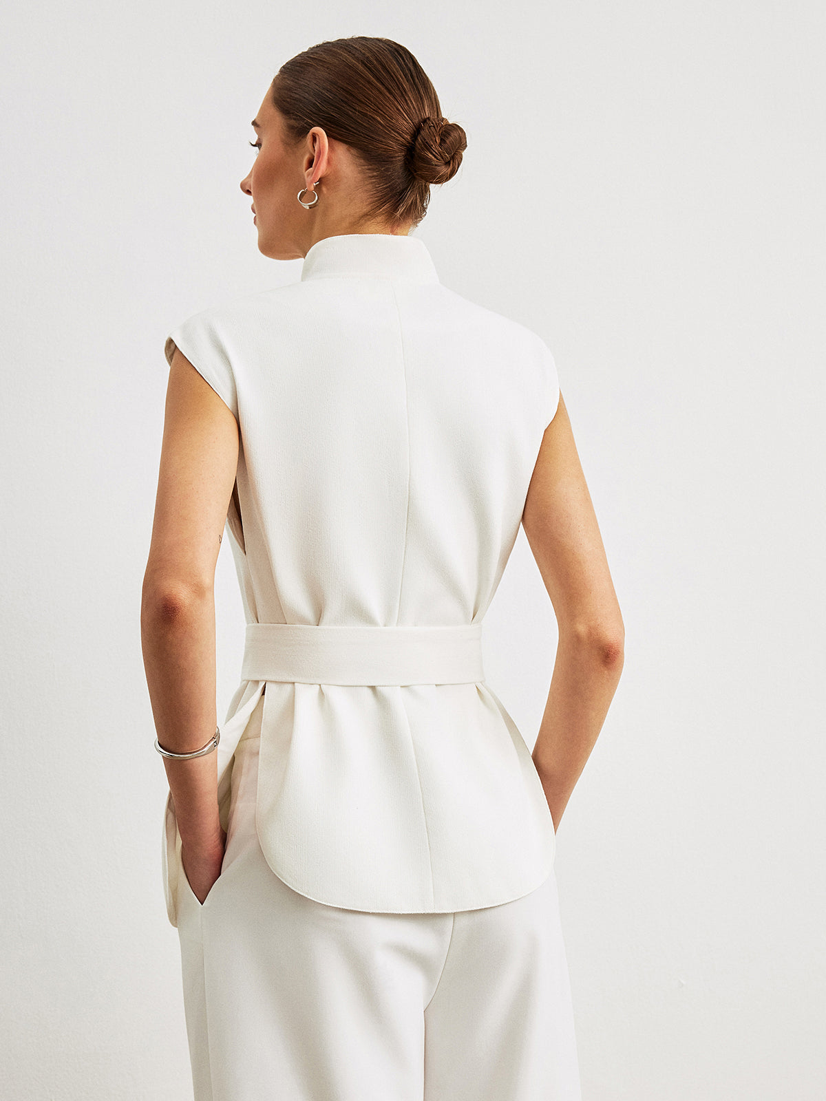 Kemerli Peplum Askısız Uzun Üst Beyaz Düğmeli