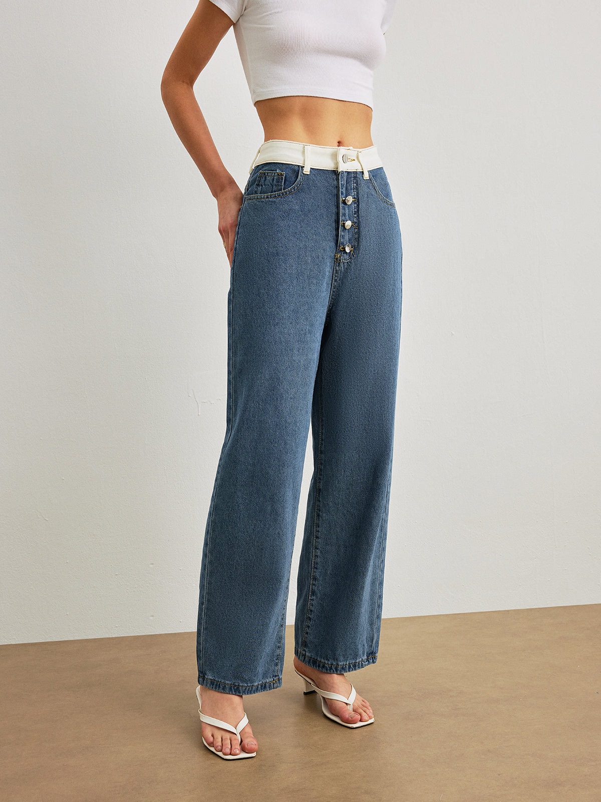 Orta Bel Denim Jean Mavi Kontrast Detaylı