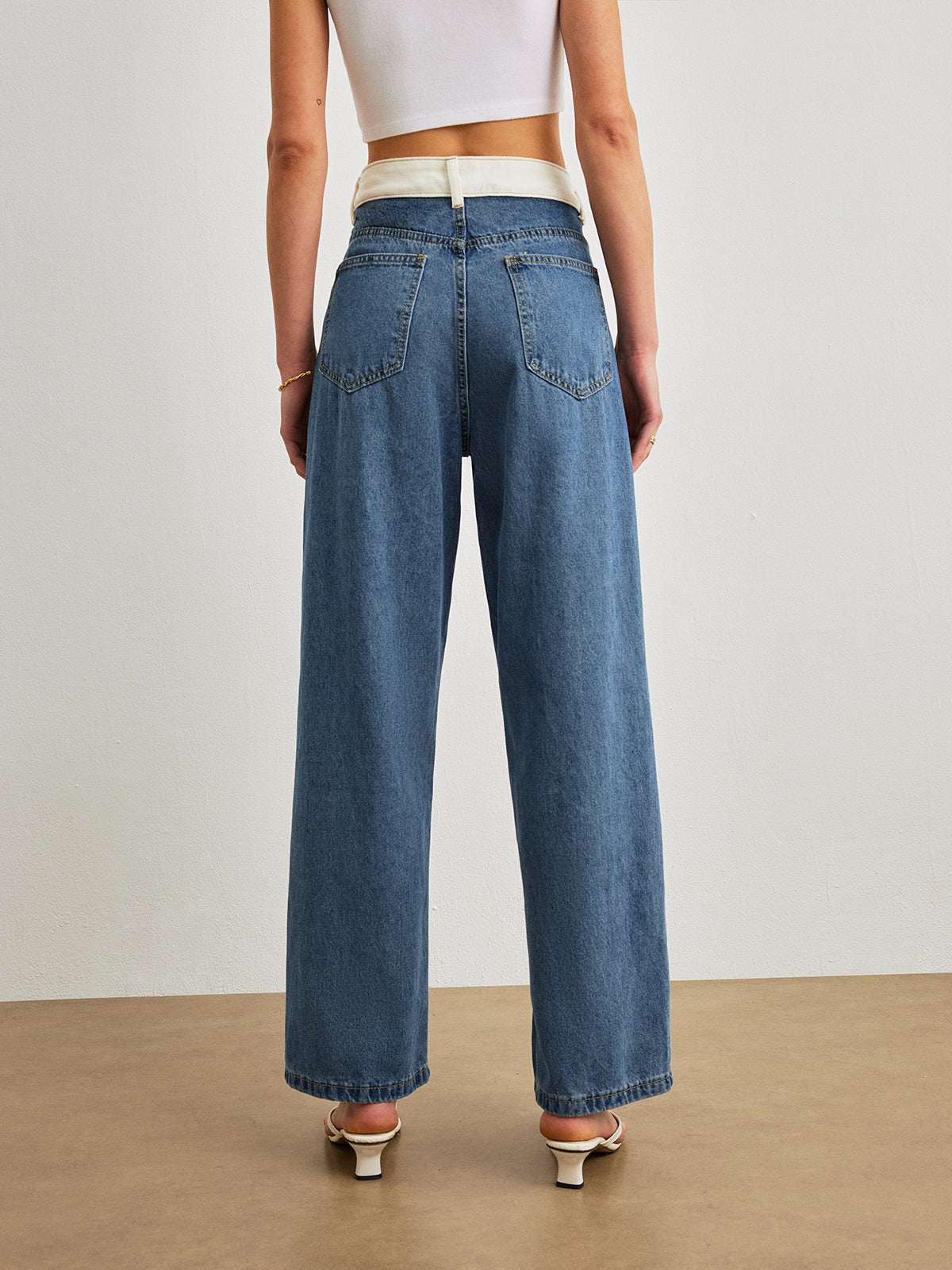 Orta Bel Denim Jean Mavi Kontrast Detaylı