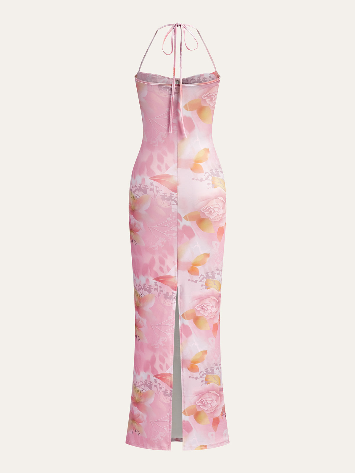 Çiçekli Halter Abiye Elbise Pembe Kalp Yaka
