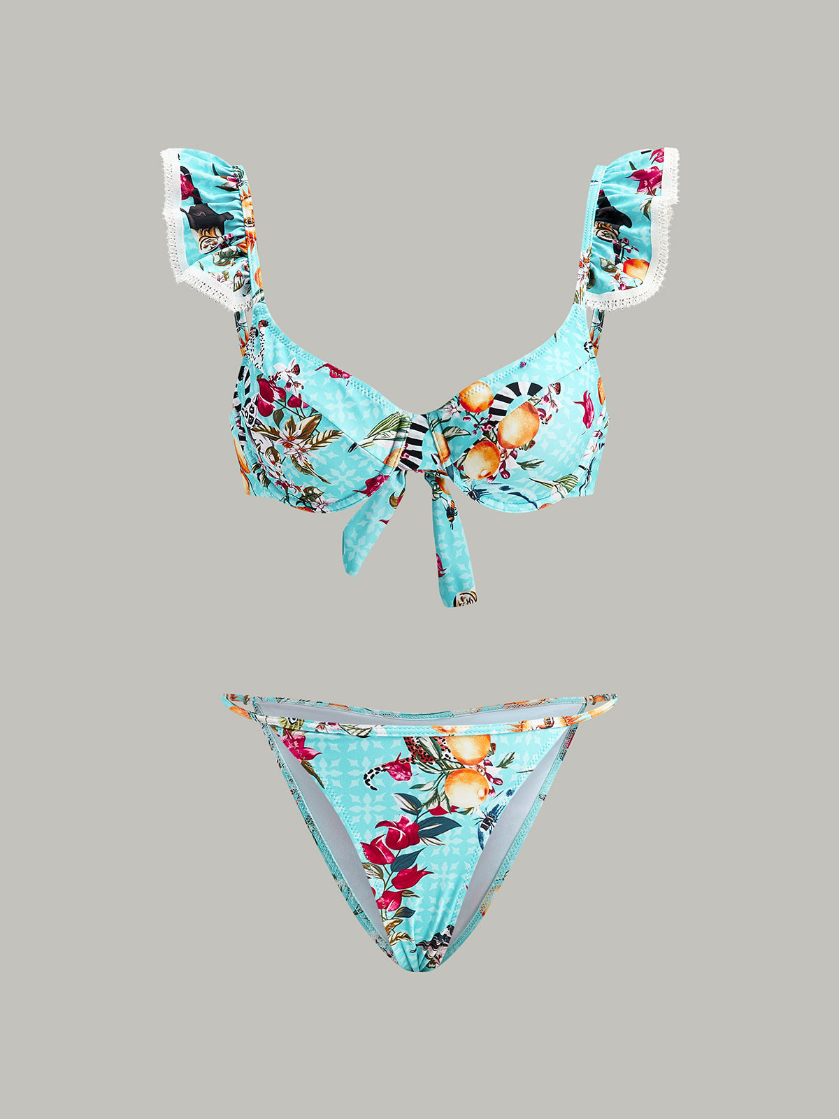 Çiçekli Bikini Takımı Etek Açık Mavi 3 Parça