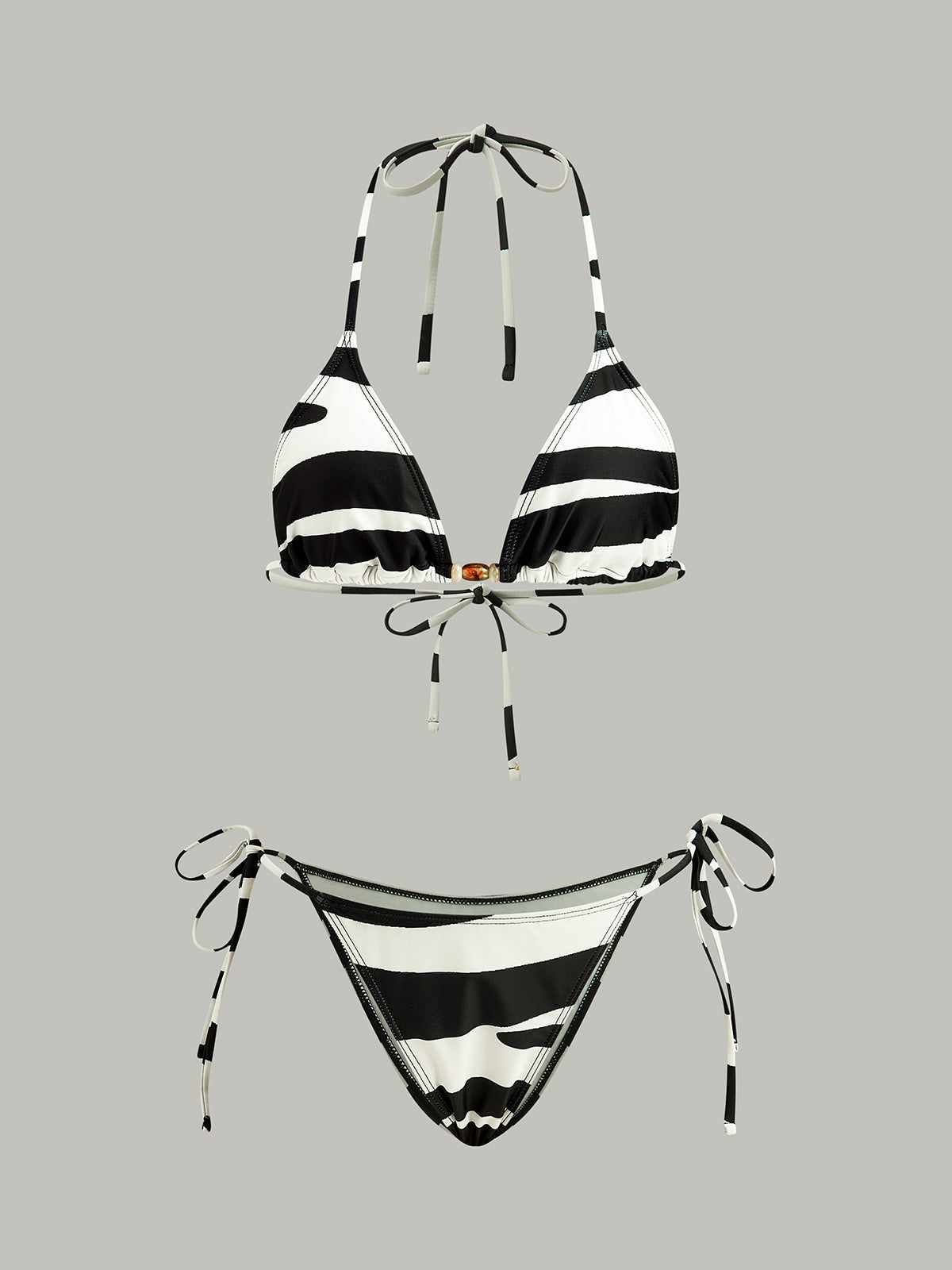 Üçgen Desenli Çizgili Bikini Takımı Siyah Beyaz