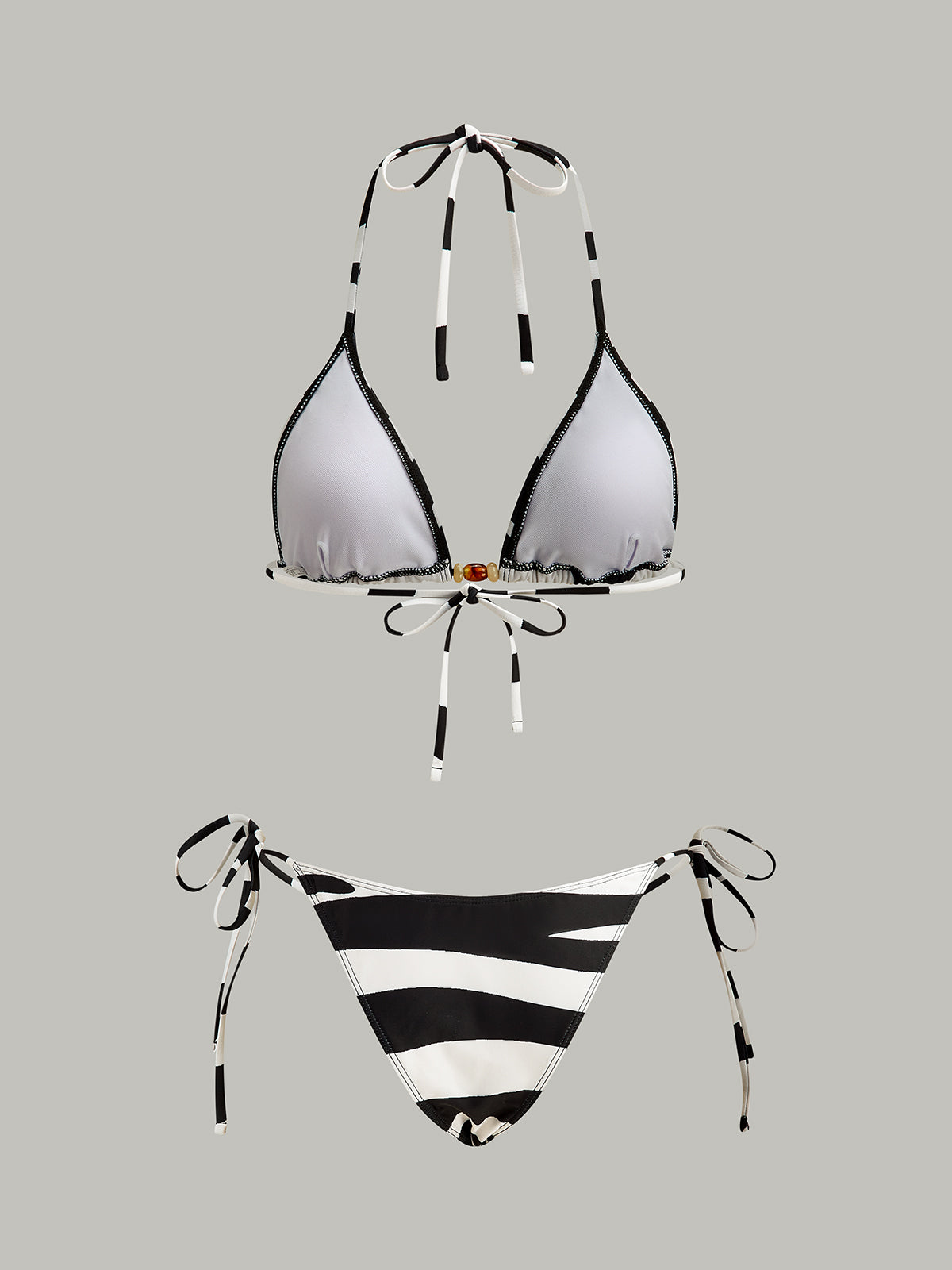 Üçgen Desenli Çizgili Bikini Takımı Siyah Beyaz