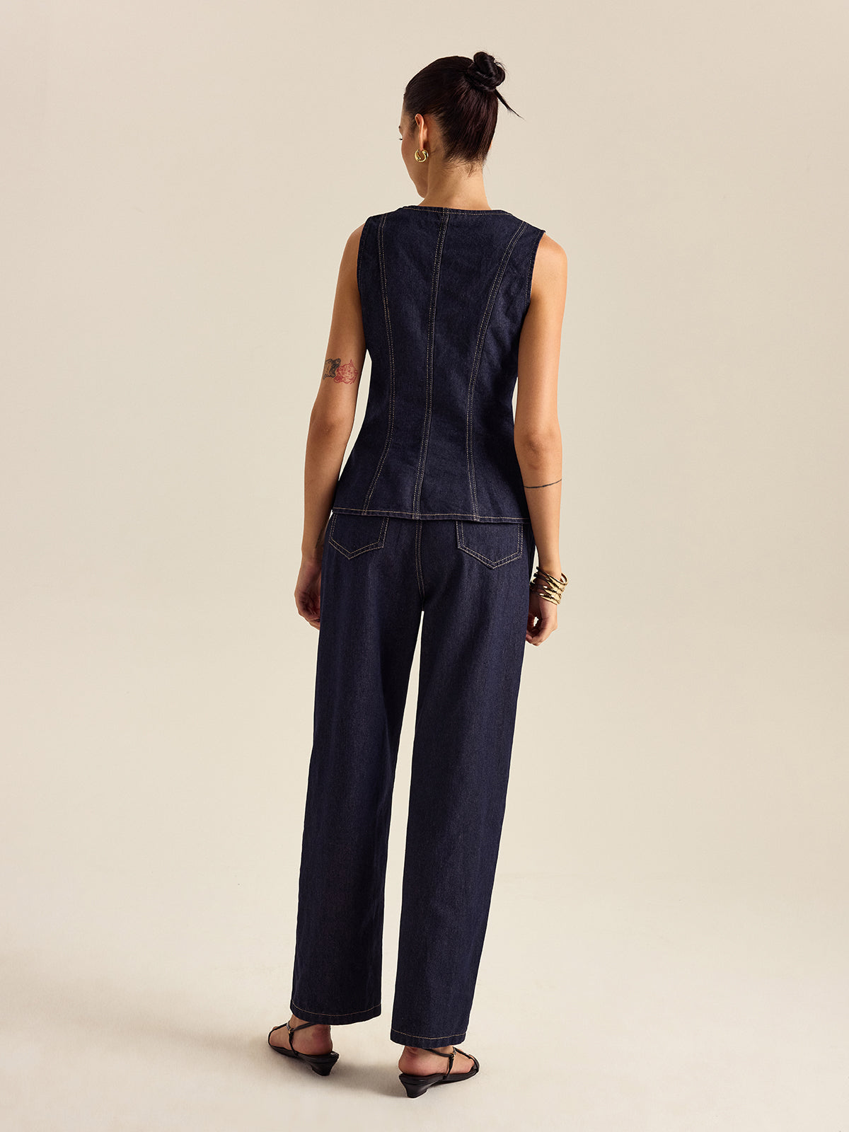 Kot Metal Düğmeli Peplum Üst Ve Pantolon Takımı - 3. görünüm