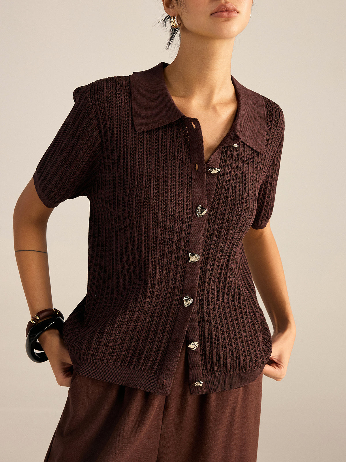 Kemikli Örgü Polo Yaka Hırka Kahverengi Regular Fit