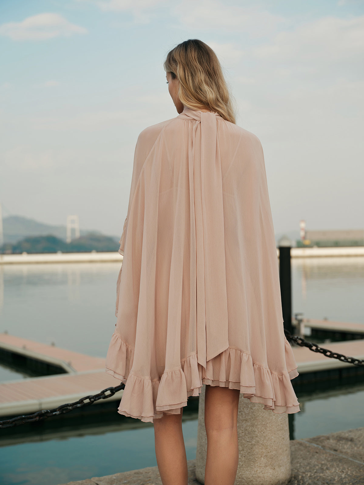 Pelerinli Şifon Fırfırlı Elbise - Pembe - görsel 6