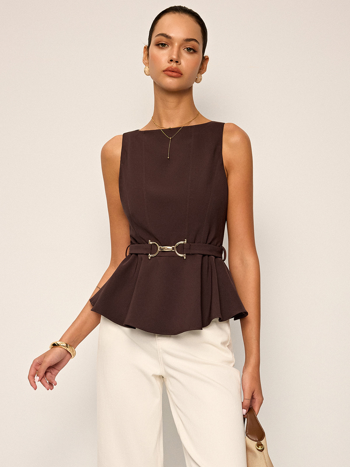 Metal Tokalı Kemerli Peplum Üst Kolsuz Kahverengi