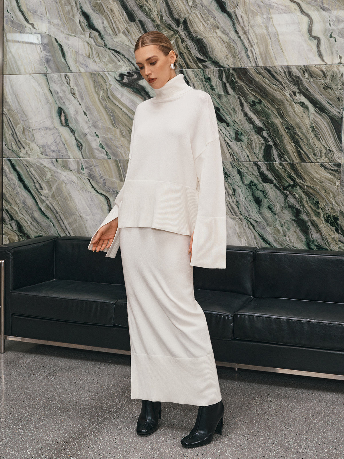Oversize Boğazlı Triko Üst Maxi Etek Takımı Beyaz - 7. görünüm