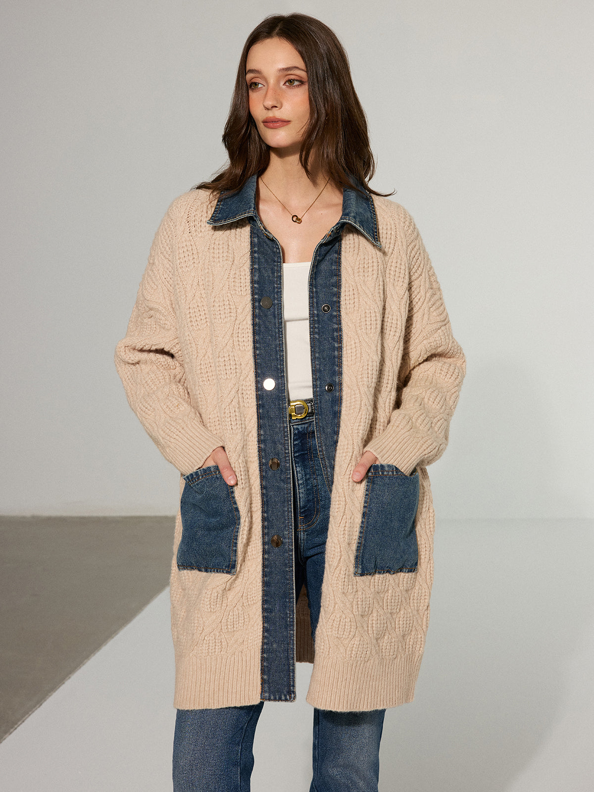 Kablo Örgü Denim Panelli Uzun Hırka Kayısı Triko