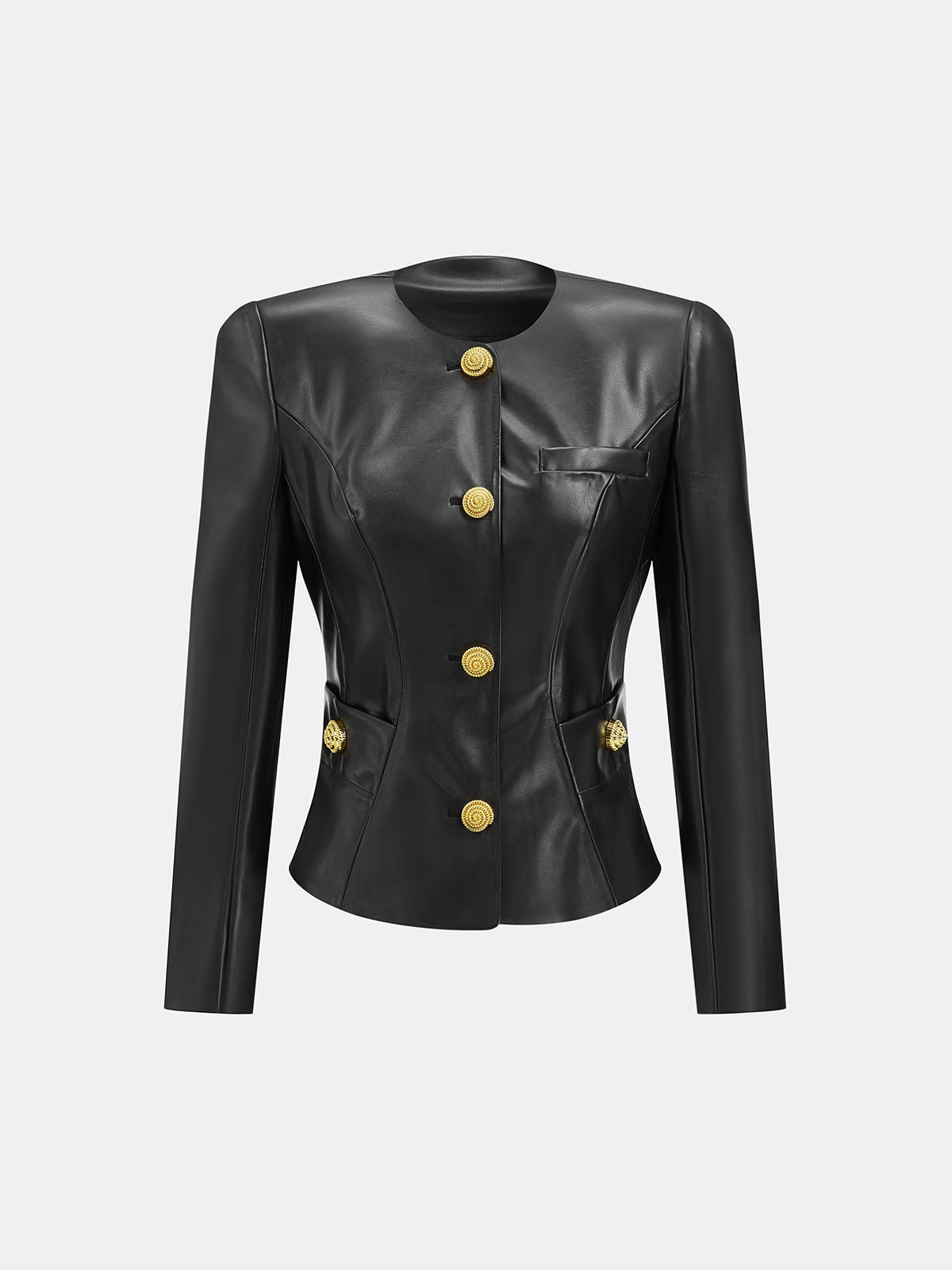 Suni Deri Yuvarlak Yaka Metal Düğmeli Dar Blazer - 2. görünüm