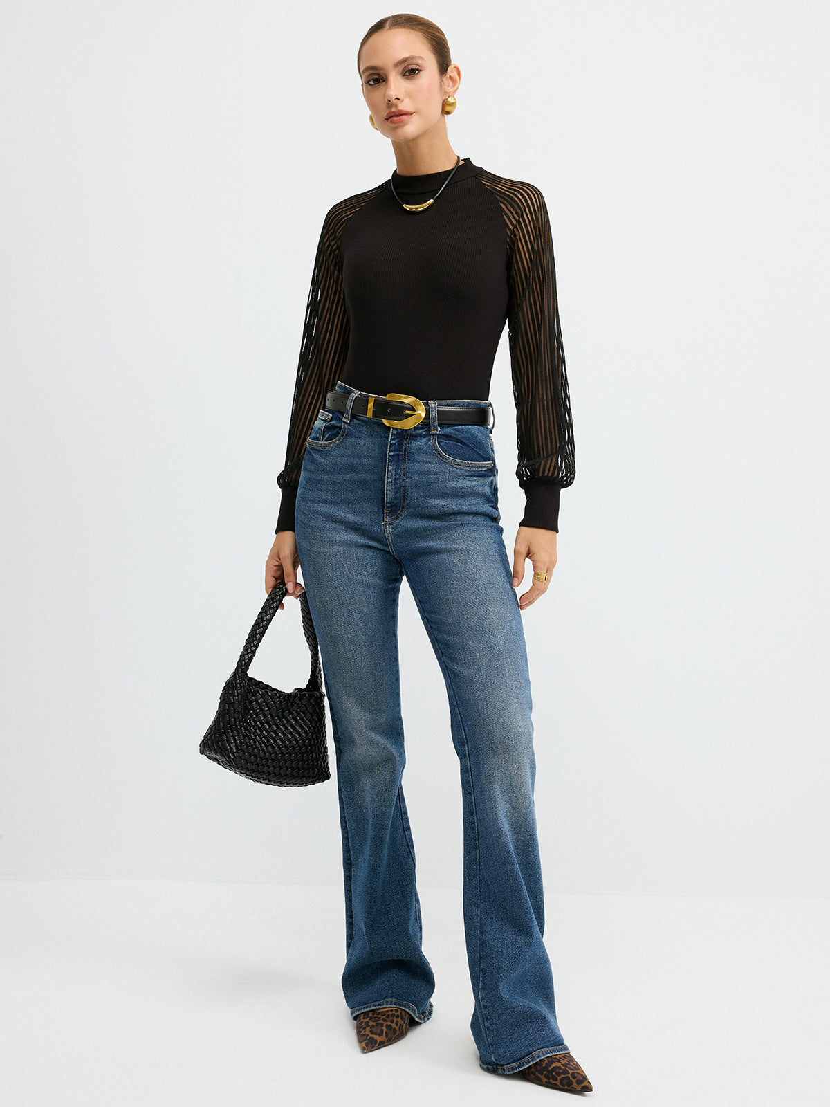 Yarım Balıkçı Yakalı Mesh Kol Tişört Siyah Uzun Kollu