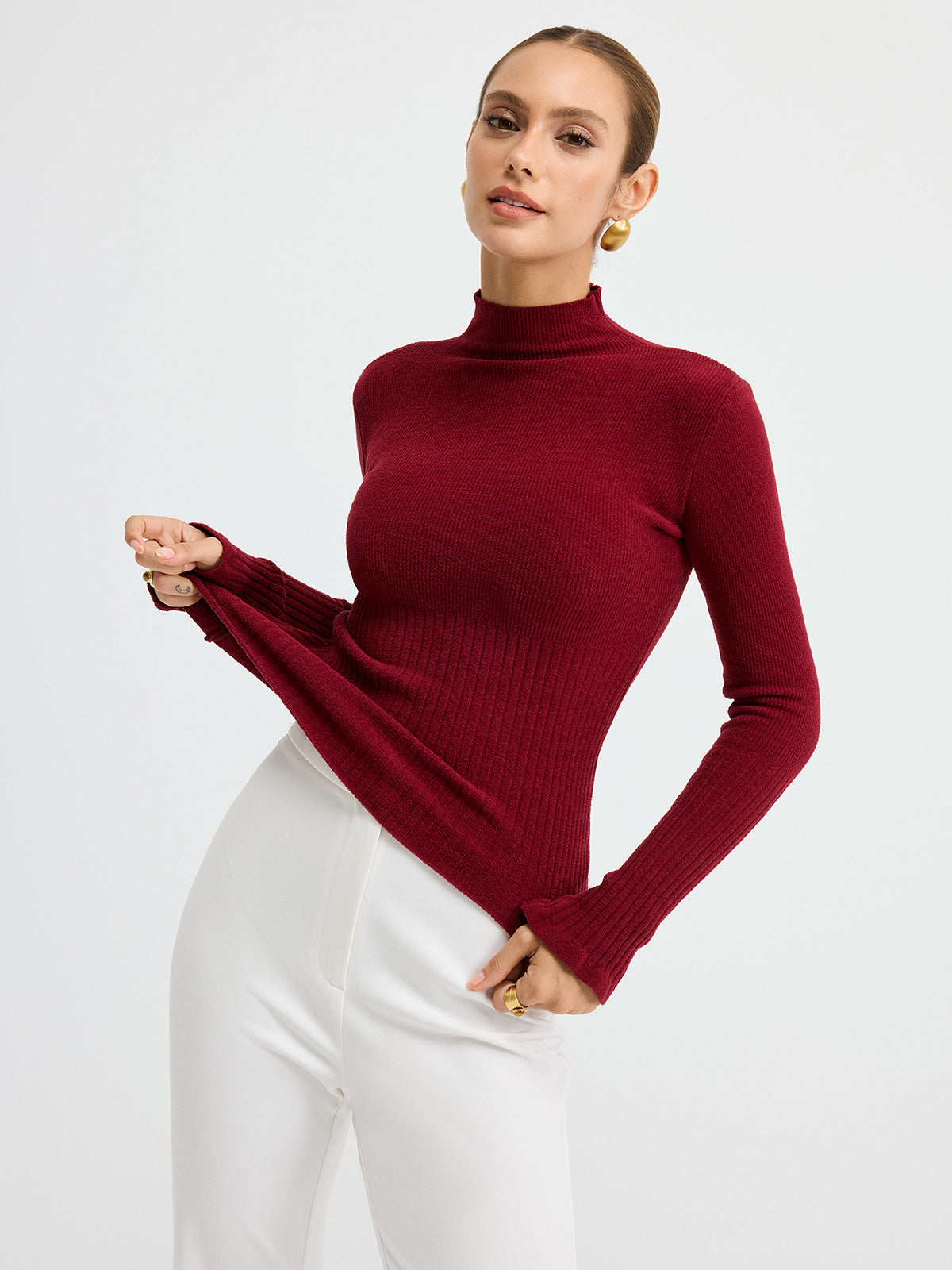 Slim Fit Yarım Balıkçı Yaka Ribana Kazak Bordo