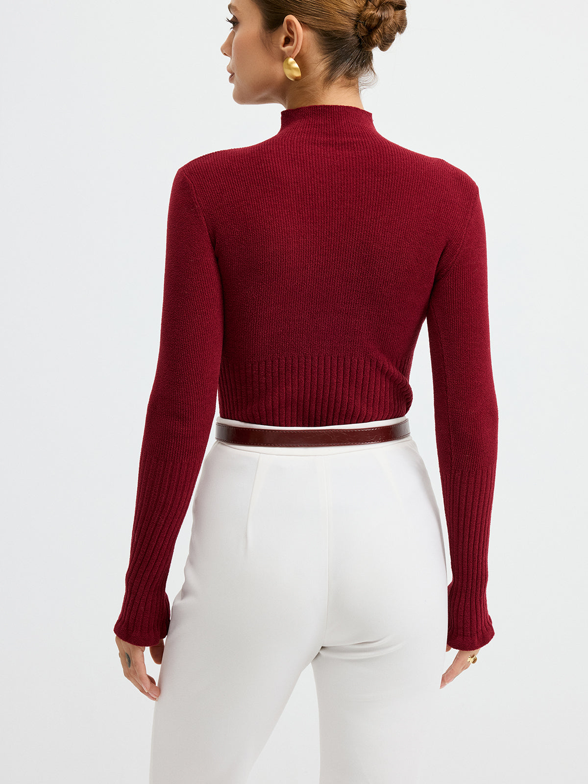 Slim Fit Yarım Balıkçı Yaka Ribana Kazak Bordo