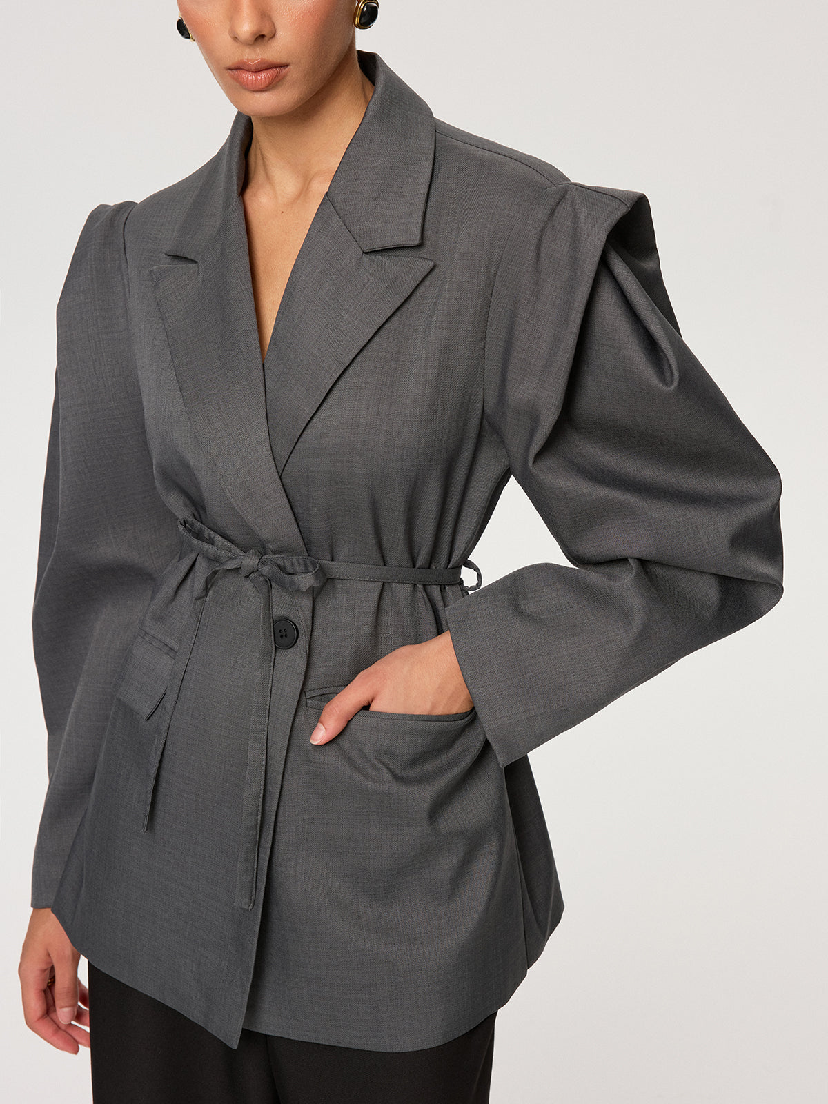 Kemerli Uzun Kollu Blazer Gri Bağcıklı