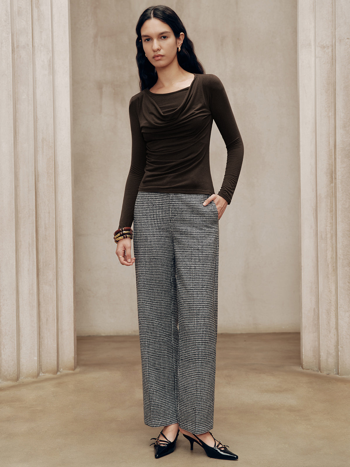 Uzun Kollu Drapeli Yuvarlak Yaka Tişört Koyu Kahverengi Slim Fit