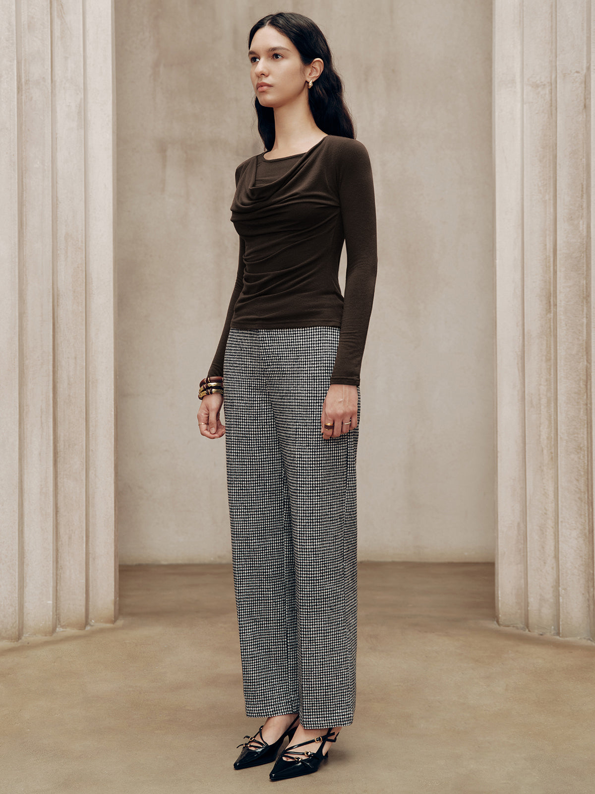 Uzun Kollu Drapeli Yuvarlak Yaka Tişört Koyu Kahverengi Slim Fit