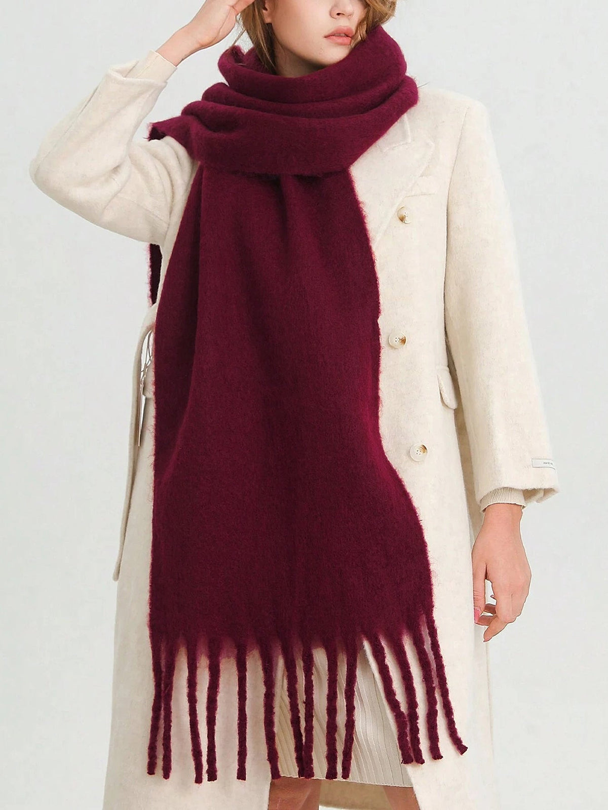 Düz Renkli, Oversize Püsküllü Atkı - 2. görünüm