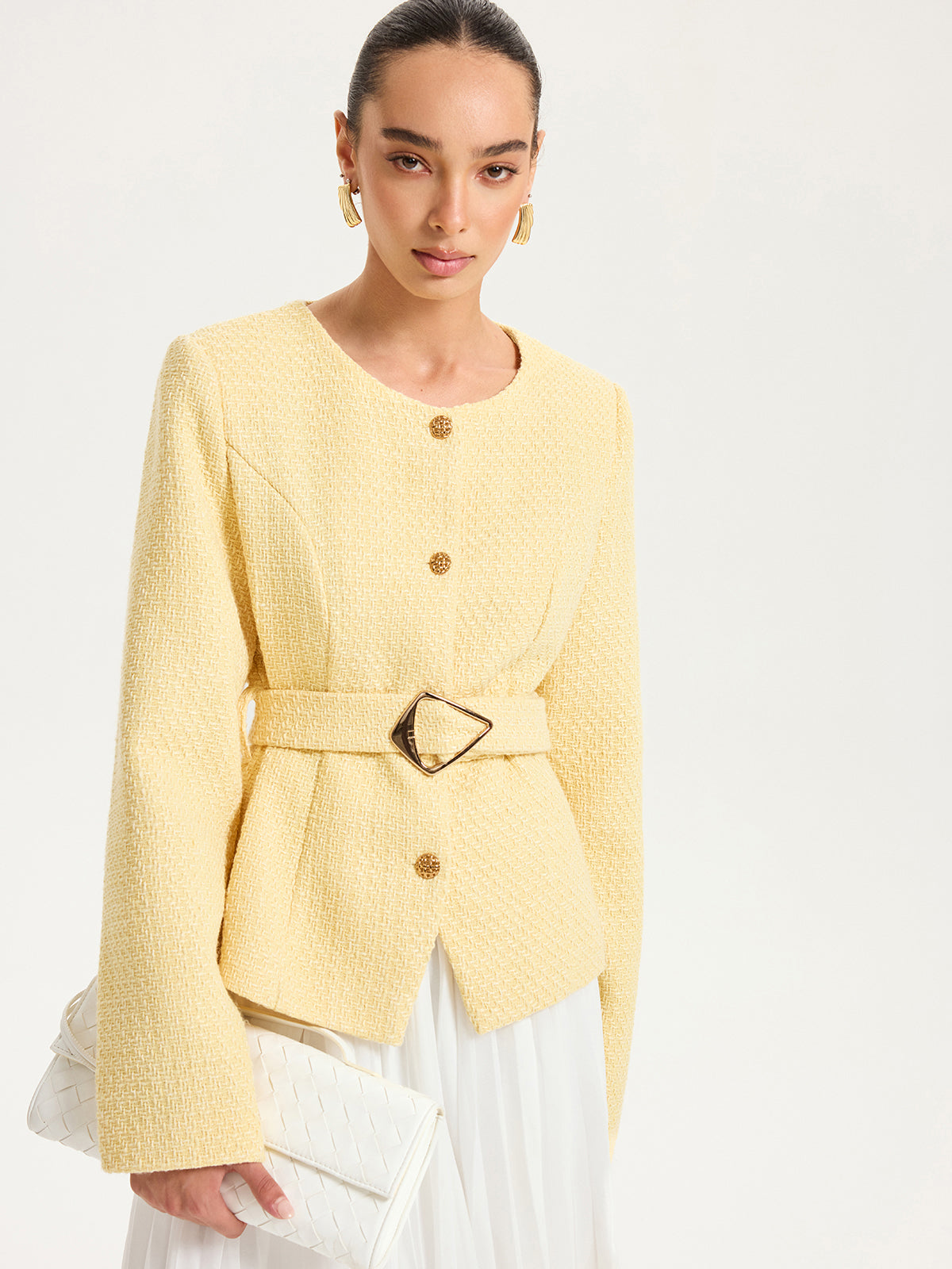 Düğme Detaylı Kemerli Tweed Ceket Sarı Regular Fit