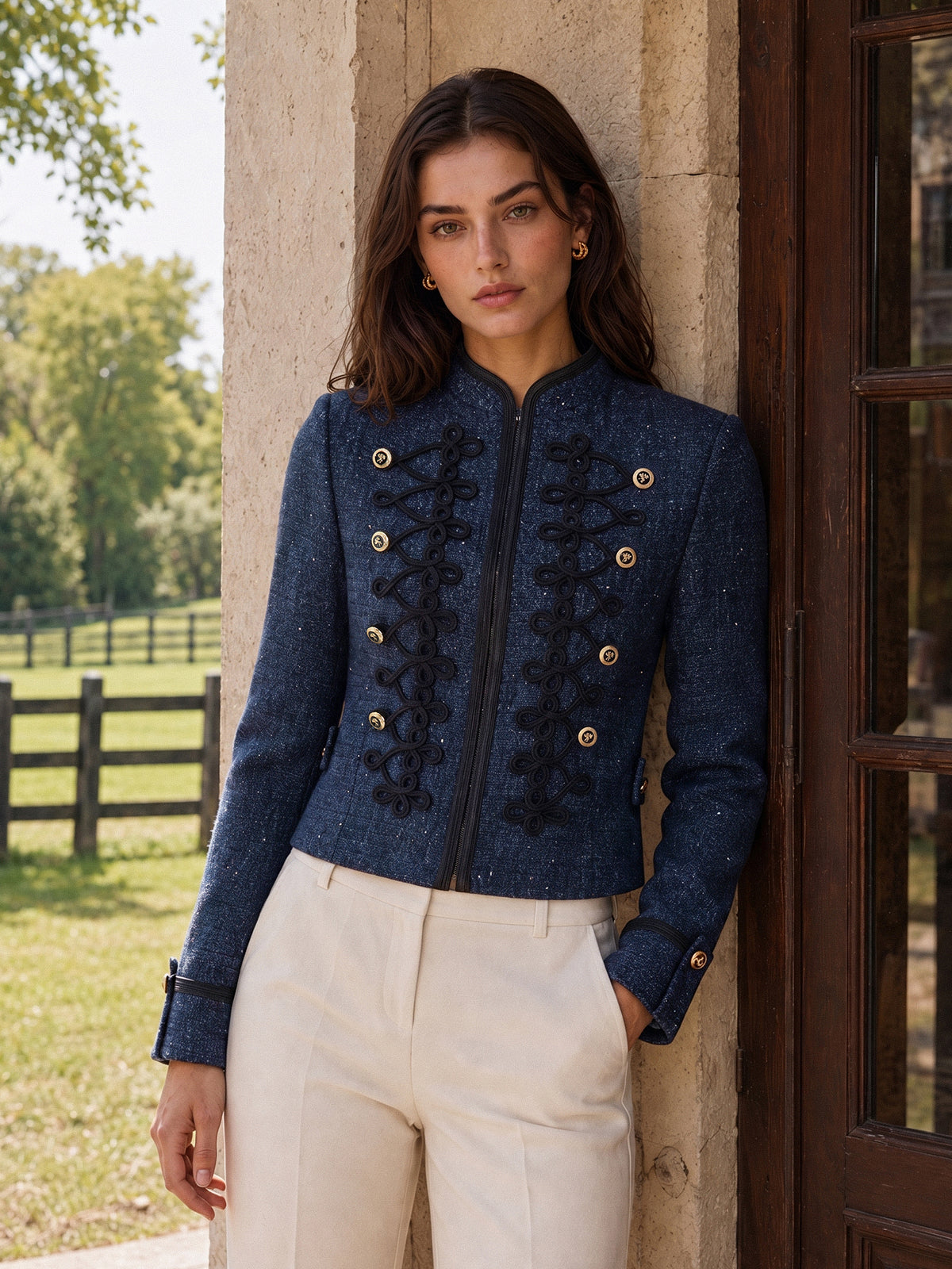 Askeri Stil Örgü Detaylı Tüvit Blazer - Lacivert - görsel 2