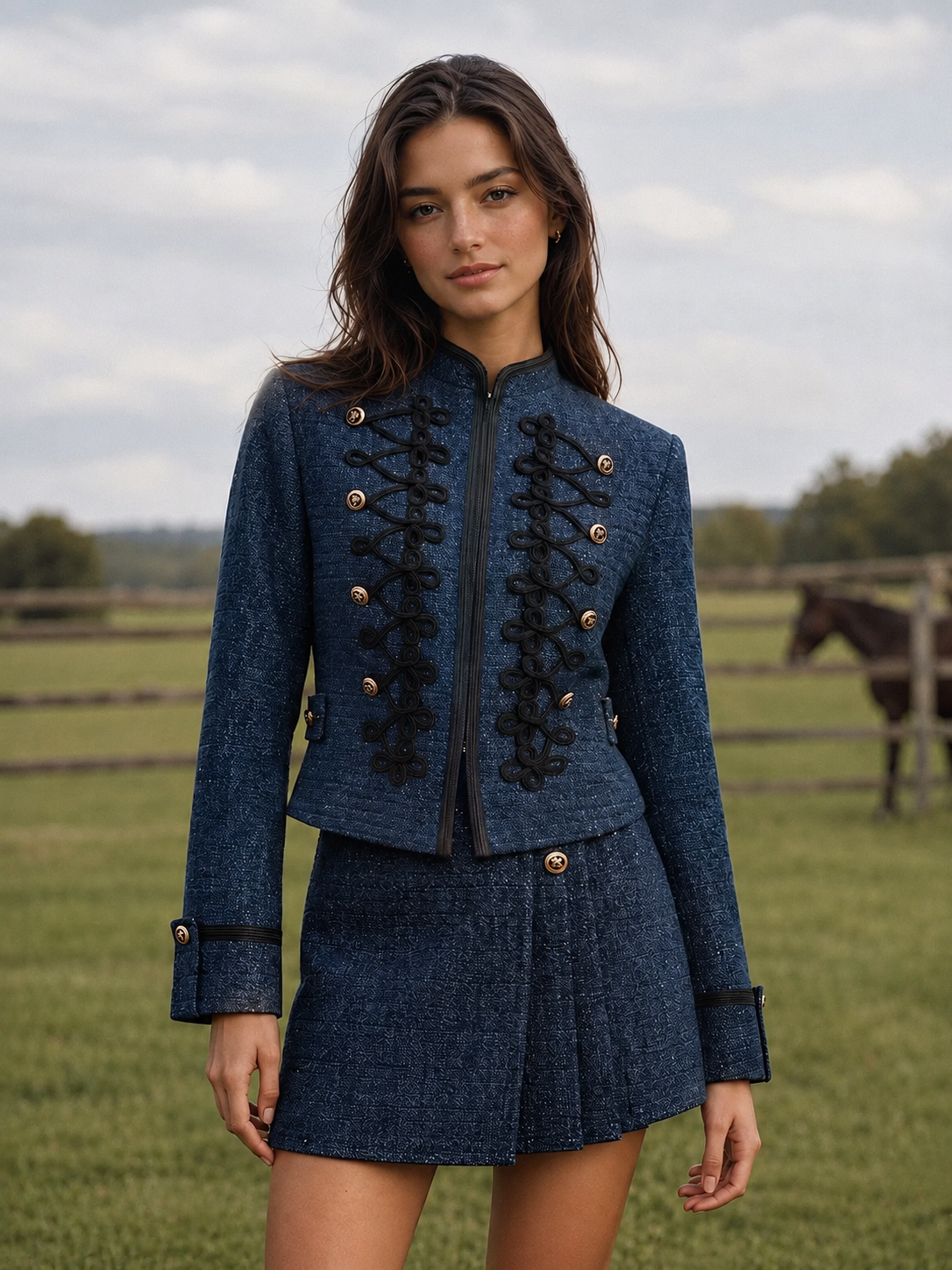 Askeri Stil Örgü Detaylı Tüvit Blazer - Lacivert - görsel 1