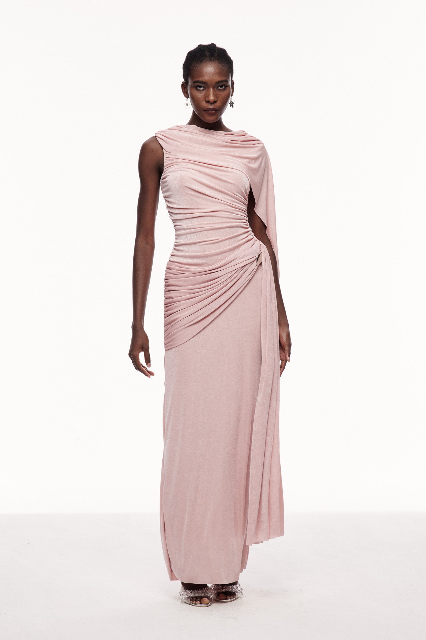 Şal Detay Tek Omuz Maxi Elbise Pembe Abiye